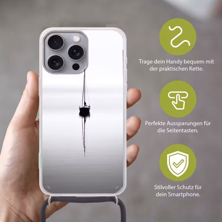 Zeilboot - Zwart - Water - Silhouet Hoesje iPhone 16 Pro Max met koord klein -sfeer2_DE