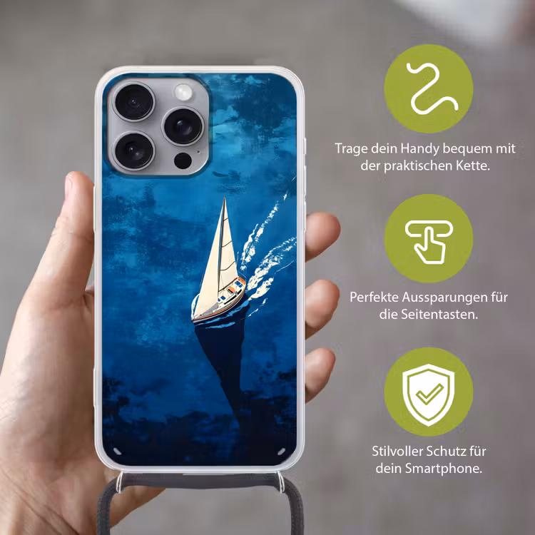 Zeilboot - Water - Abstract - Schaduw Hoesje iPhone 16 Pro Max met koord klein -sfeer2_DE