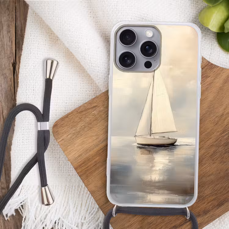 Zeilschip - Zee - Bewolkt Hoesje iPhone 16 Pro Max met koord klein -sfeer4
