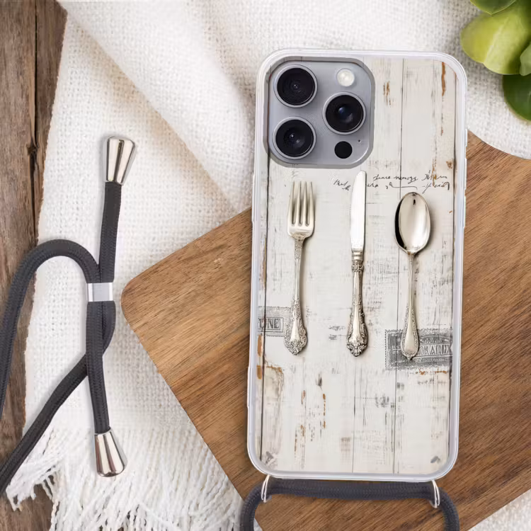 Zilver - Bestek - Hout Hoesje iPhone 16 Pro Max met koord klein -sfeer4