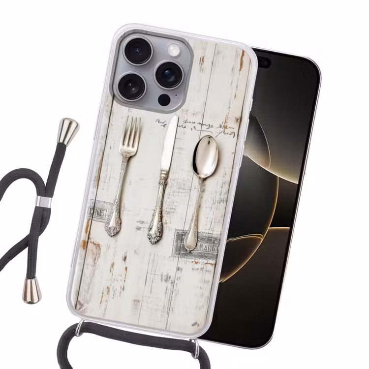Zilver - Bestek - Hout Hoesje iPhone 16 Pro Max met koord klein -sfeer1