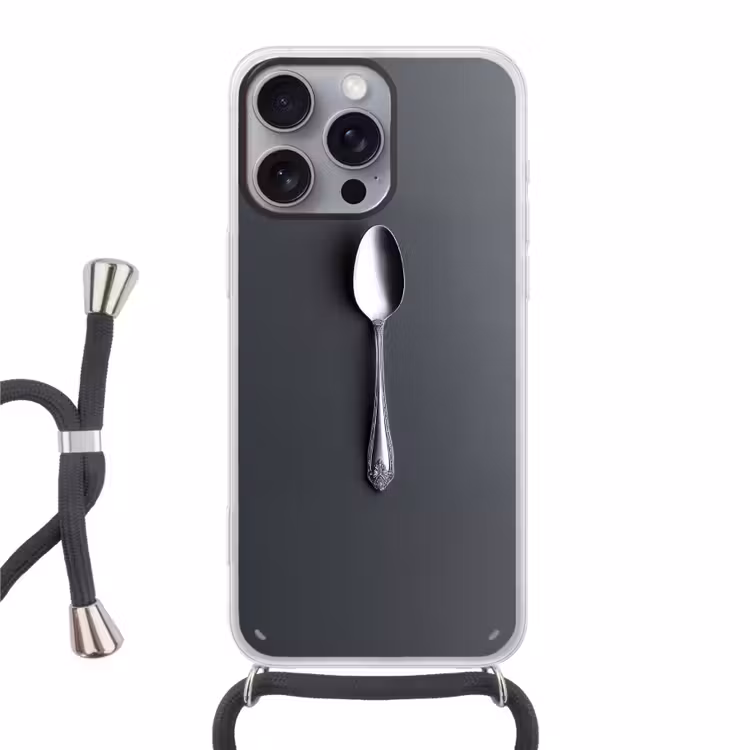 Zilver - Metaal - Lepel Hoesje iPhone 16 Pro Max met koord klein -3d