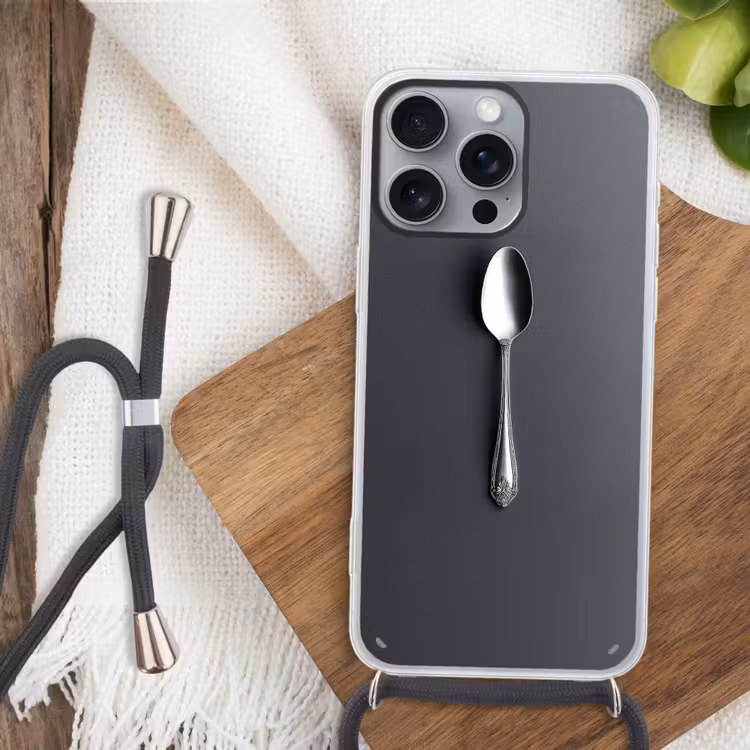 Zilver - Metaal - Lepel Hoesje iPhone 16 Pro Max met koord klein -sfeer4