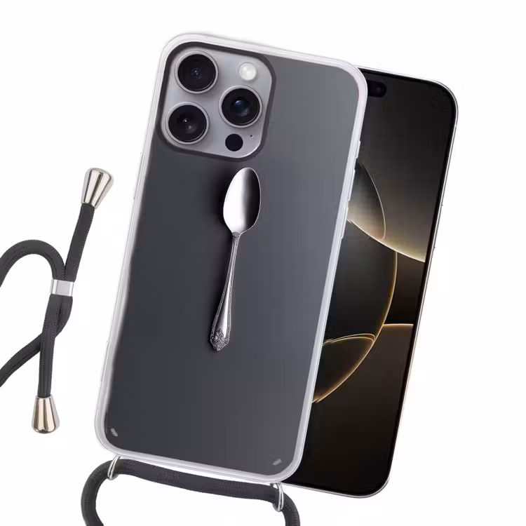 Zilver - Metaal - Lepel Hoesje iPhone 16 Pro Max met koord klein -sfeer1