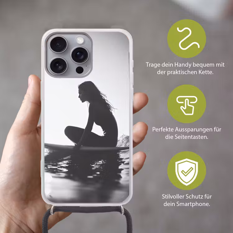 Silhouet - Vrouw - Surfplank - Water Hoesje iPhone 16 Pro Max met koord klein -sfeer2_DE