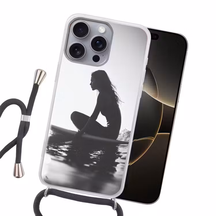 Silhouet - Vrouw - Surfplank - Water Hoesje iPhone 16 Pro Max met koord klein -sfeer1