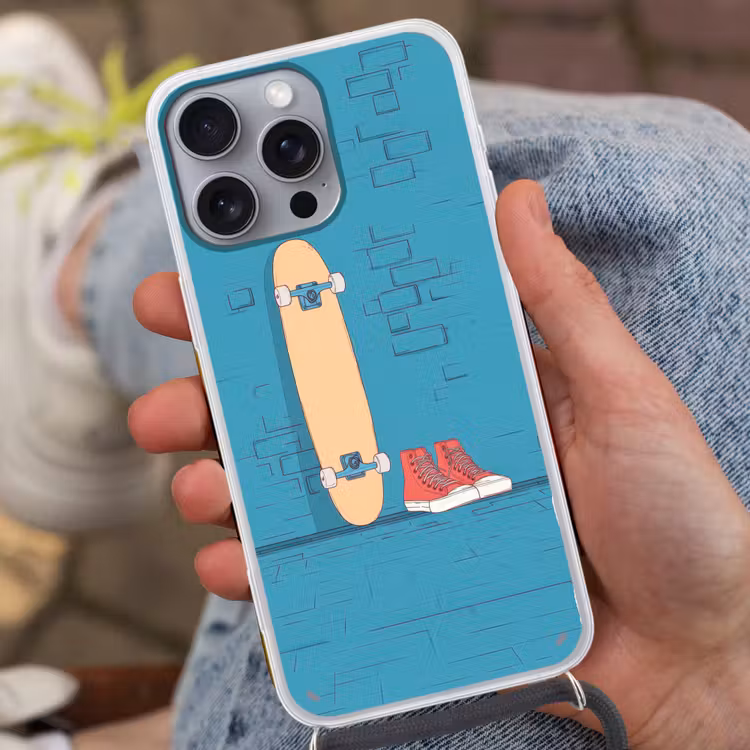 Skateboard - Gympen - Rood - Minimalistisch Hoesje iPhone 16 Pro Max met koord klein -sfeer3