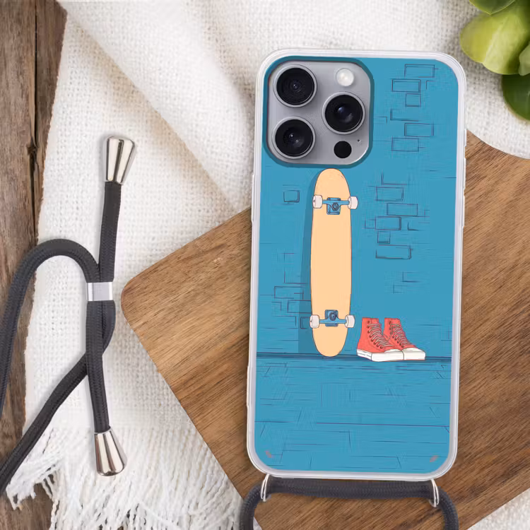 Skateboard - Gympen - Rood - Minimalistisch Hoesje iPhone 16 Pro Max met koord klein -sfeer4