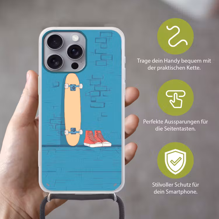 Skateboard - Gympen - Rood - Minimalistisch Hoesje iPhone 16 Pro Max met koord klein -sfeer2_DE