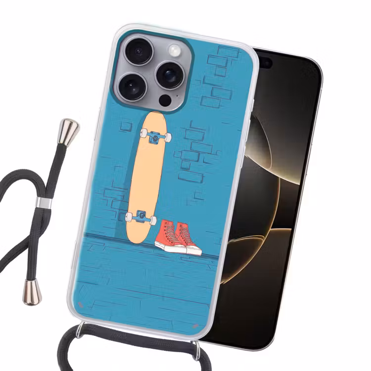 Skateboard - Gympen - Rood - Minimalistisch Hoesje iPhone 16 Pro Max met koord klein -sfeer1