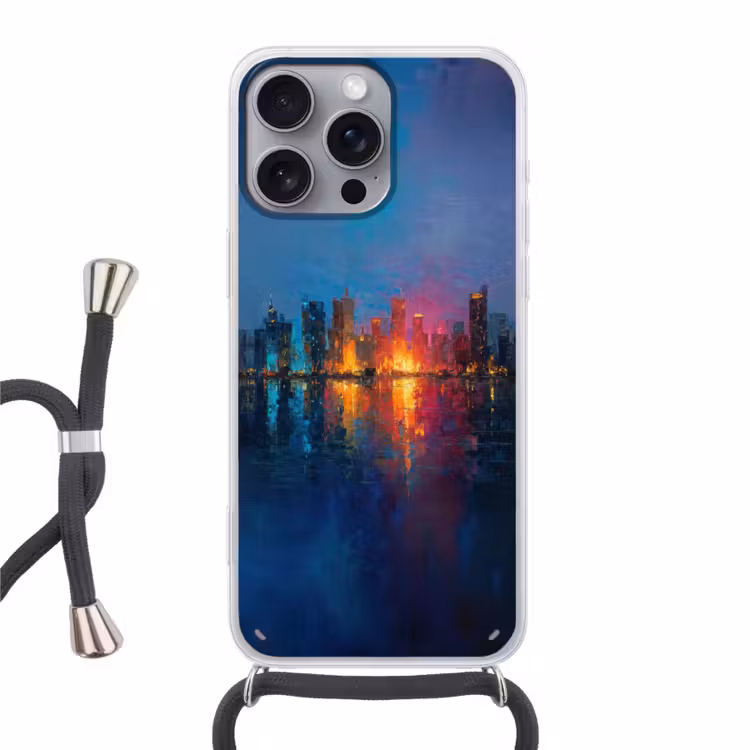 Skyline - Penseelstreken - Donkerblauw - Lichtgevend Hoesje iPhone 16 Pro Max met koord klein -3d