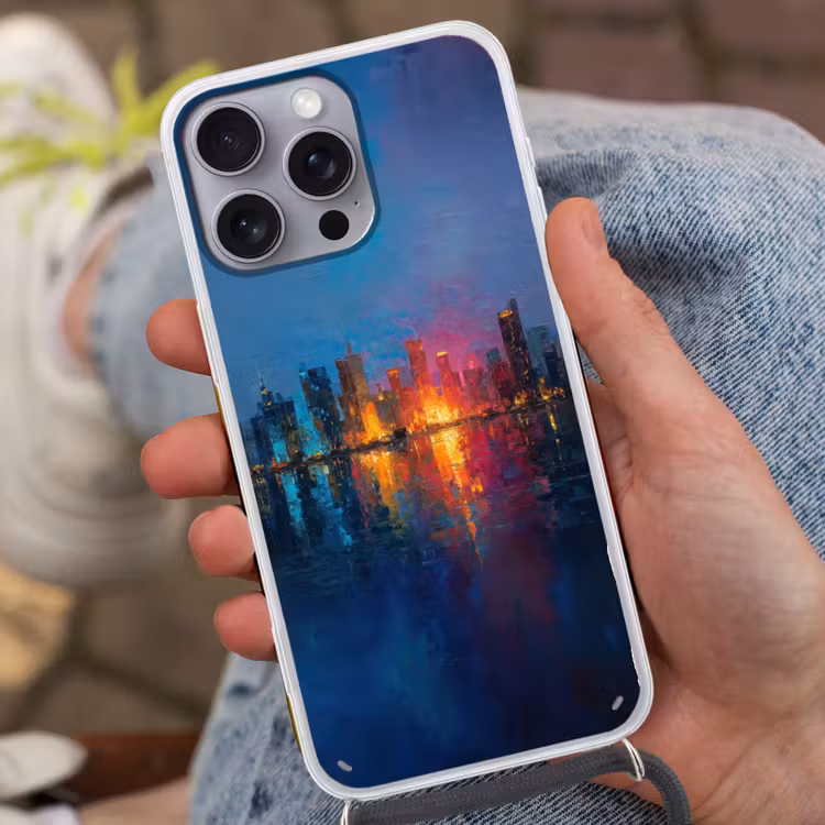 Skyline - Penseelstreken - Donkerblauw - Lichtgevend Hoesje iPhone 16 Pro Max met koord klein -sfeer3