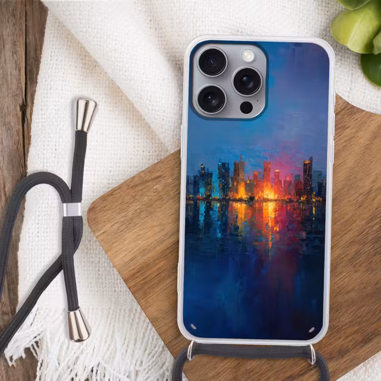 Skyline - Penseelstreken - Donkerblauw - Lichtgevend Hoesje iPhone 16 Pro Max met koord klein -sfeer4
