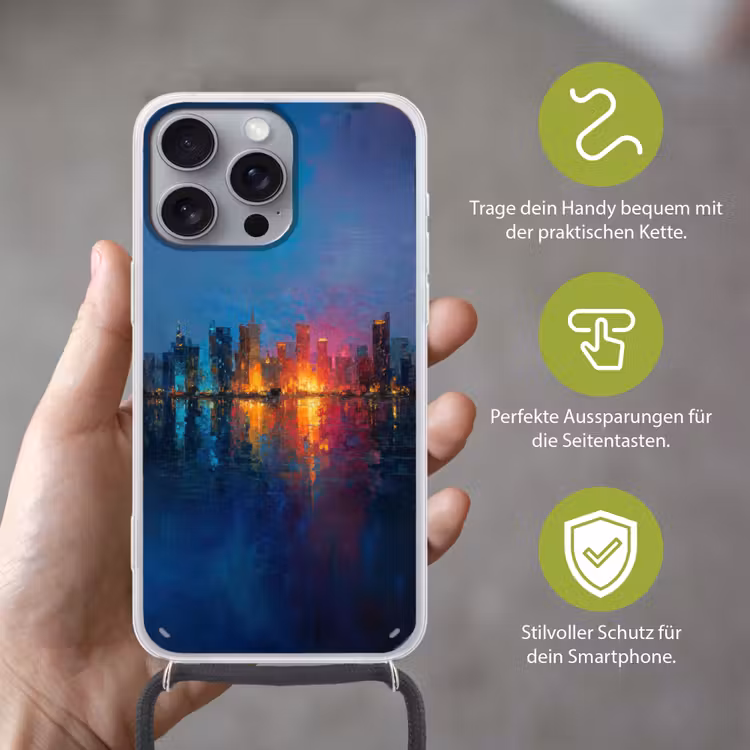 Skyline - Penseelstreken - Donkerblauw - Lichtgevend Hoesje iPhone 16 Pro Max met koord klein -sfeer2_DE