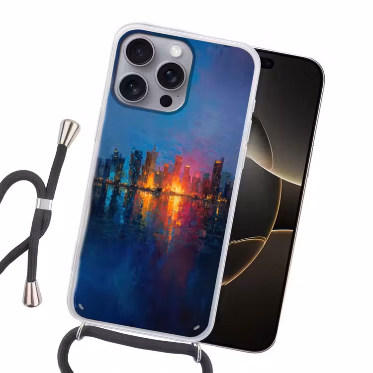 Skyline - Penseelstreken - Donkerblauw - Lichtgevend Hoesje iPhone 16 Pro Max met koord klein -sfeer1