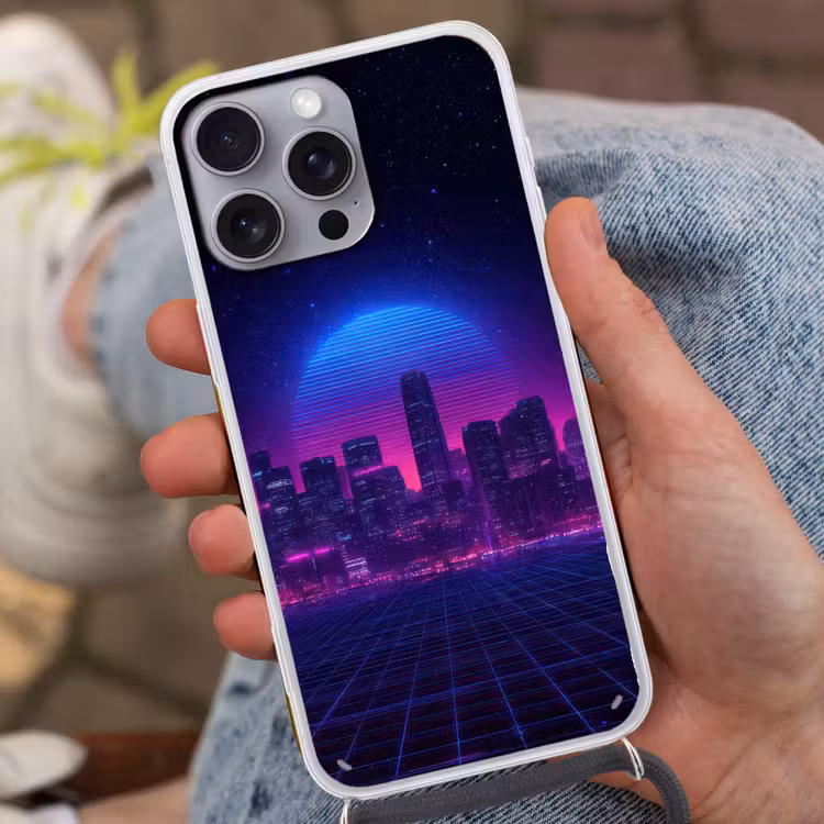 Skyline - Zon - Neon - Rasterpatroon Hoesje iPhone 16 Pro Max met koord klein -sfeer3