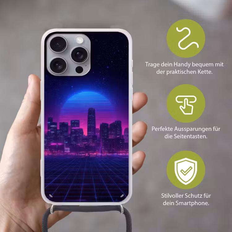 Skyline - Zon - Neon - Rasterpatroon Hoesje iPhone 16 Pro Max met koord klein -sfeer2_DE