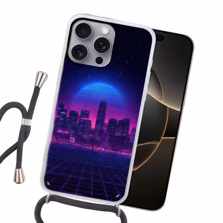 Skyline - Zon - Neon - Rasterpatroon Hoesje iPhone 16 Pro Max met koord klein -sfeer1