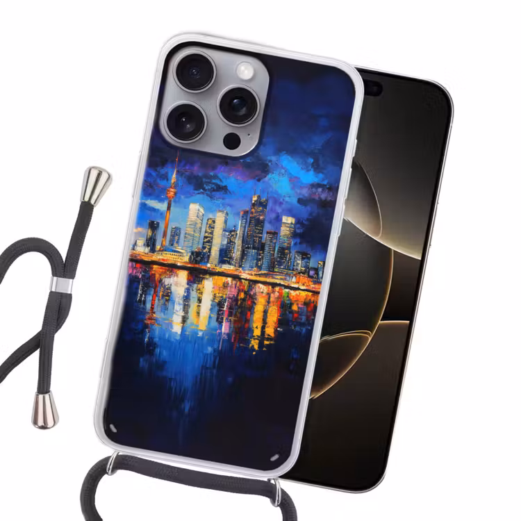 Skyline Toronto - Modern - Stadslicht - Blauw Hoesje iPhone 16 Pro Max met koord klein -sfeer1