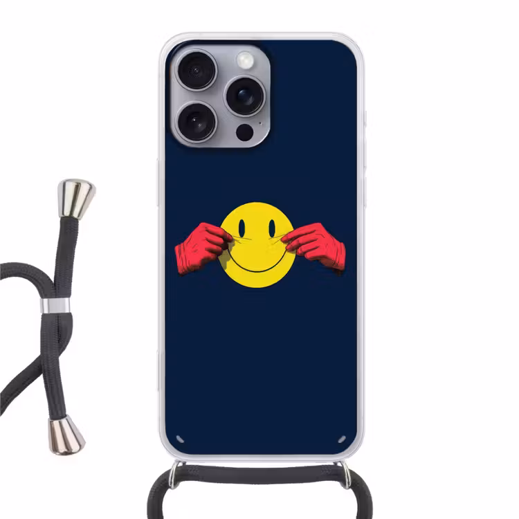 Smiley - Geel - Handen - Minimalistisch Hoesje iPhone 16 Pro Max met koord klein -3d