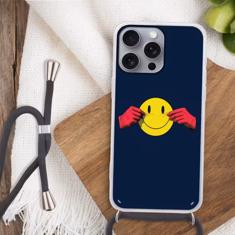 Smiley - Geel - Handen - Minimalistisch Hoesje iPhone 16 Pro Max met koord klein -sfeer4