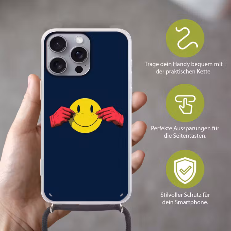 Smiley - Geel - Handen - Minimalistisch Hoesje iPhone 16 Pro Max met koord klein -sfeer2_DE