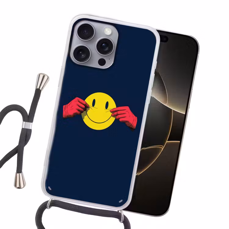 Smiley - Geel - Handen - Minimalistisch Hoesje iPhone 16 Pro Max met koord klein -sfeer1