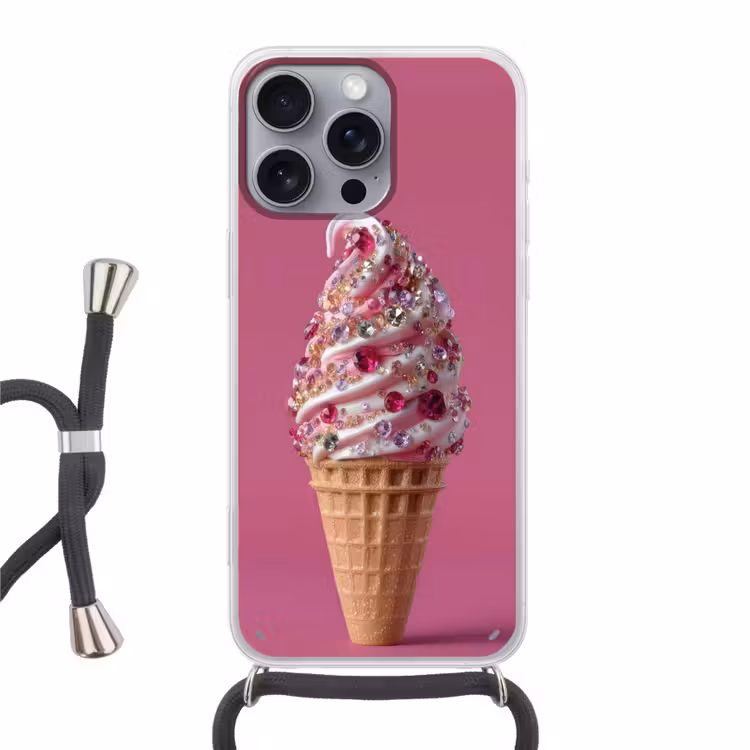 Softijs - Edelstenen - Roze - Hoorntje Hoesje iPhone 16 Pro Max met koord klein -3d