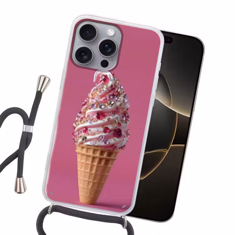 Softijs - Edelstenen - Roze - Hoorntje Hoesje iPhone 16 Pro Max met koord klein -sfeer1