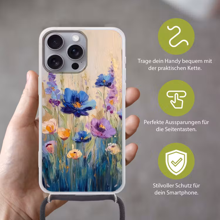 Zomers - Wilde bloemen - Penseelstreken Hoesje iPhone 16 Pro Max met koord klein -sfeer2_DE