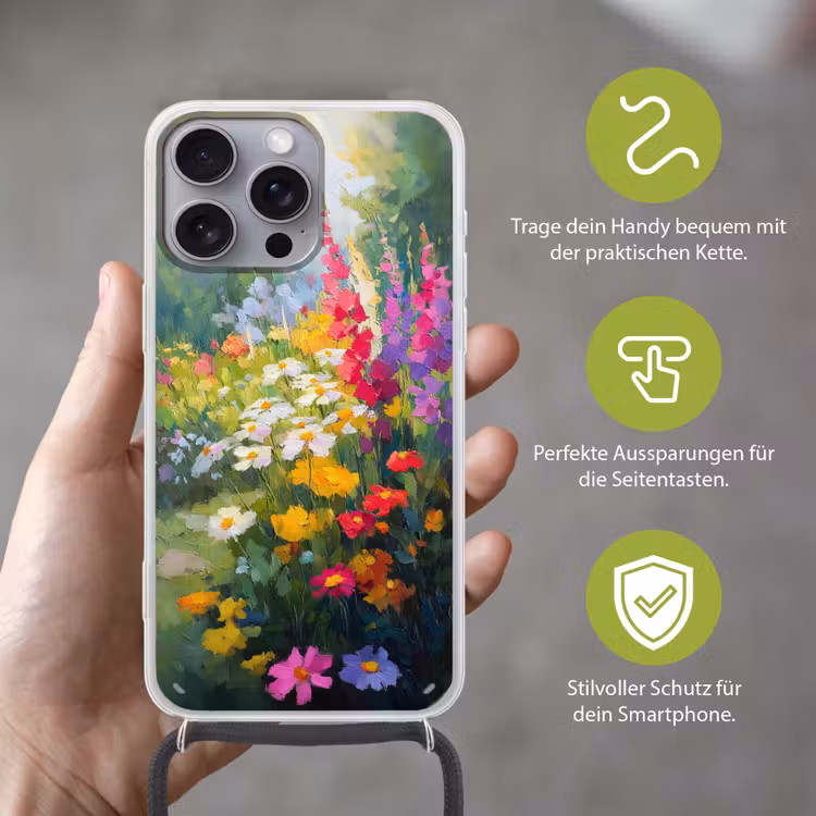 Zomertuin - Sfeervol - Bloemen Hoesje iPhone 16 Pro Max met koord klein -sfeer2_DE