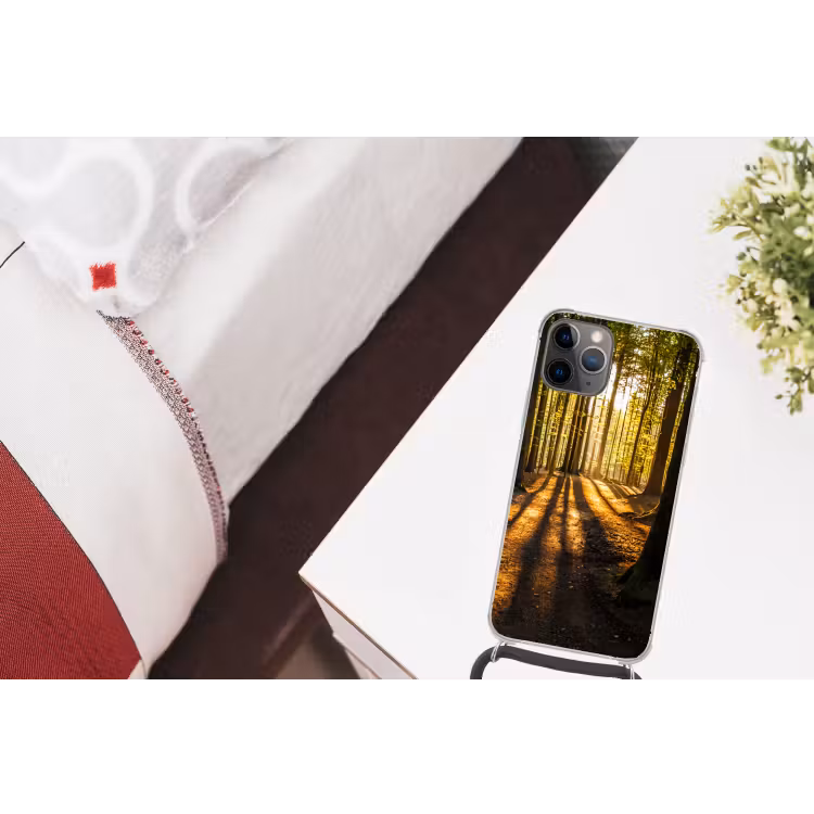 Zon - Bomen - Bos - Landschap Hoesje iPhone 12 Pro met koord klein -kamer