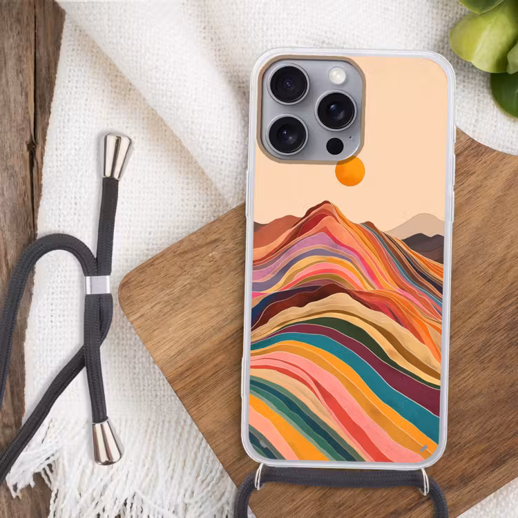 Zon - Kleurrijk landschap - Bergen Hoesje iPhone 16 Pro Max met koord klein -sfeer4