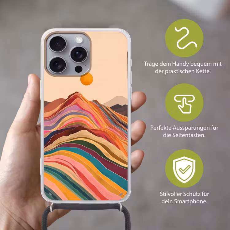 Zon - Kleurrijk landschap - Bergen Hoesje iPhone 16 Pro Max met koord klein -sfeer2_DE
