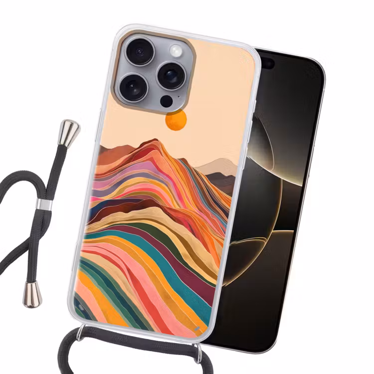 Zon - Kleurrijk landschap - Bergen Hoesje iPhone 16 Pro Max met koord klein -sfeer1