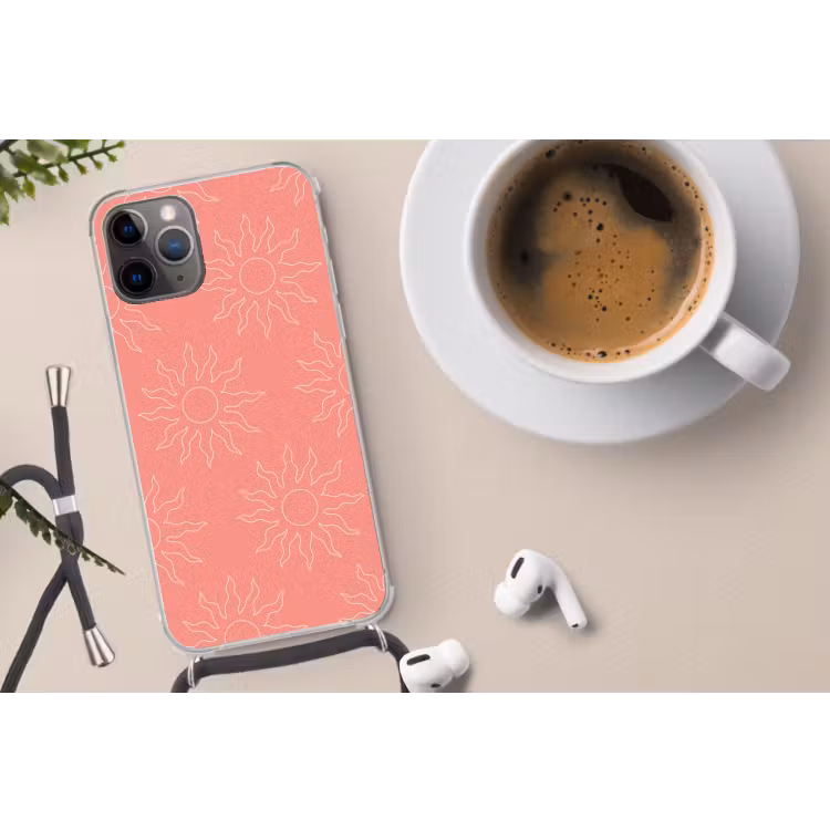 Zonnen - Print - Roze - Wit - Zomer Hoesje iPhone 12 Pro met koord klein -oordop