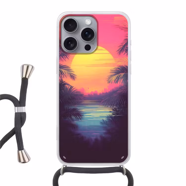 Zon - Geel - Palmbomen - Tropisch Hoesje iPhone 16 Pro Max met koord klein -3d