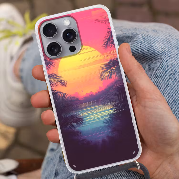 Zon - Geel - Palmbomen - Tropisch Hoesje iPhone 16 Pro Max met koord klein -sfeer3