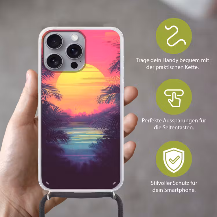 Zon - Geel - Palmbomen - Tropisch Hoesje iPhone 16 Pro Max met koord klein -sfeer2_DE