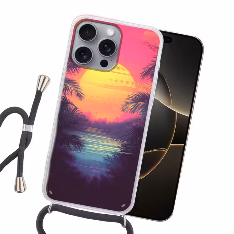 Zon - Geel - Palmbomen - Tropisch Hoesje iPhone 16 Pro Max met koord klein -sfeer1
