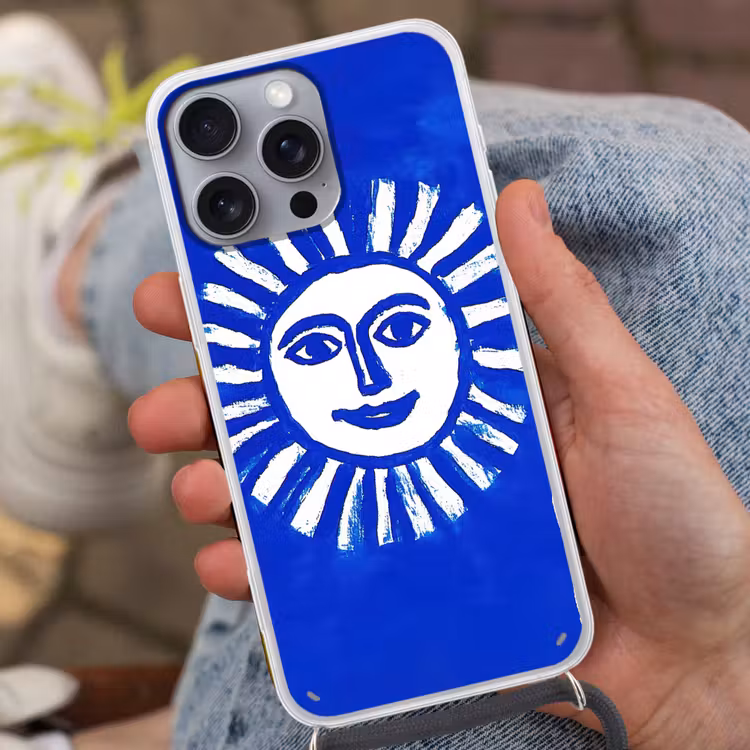 Zon - Gezicht - Penseelstructuur - Blauw Hoesje iPhone 16 Pro Max met koord klein -sfeer3