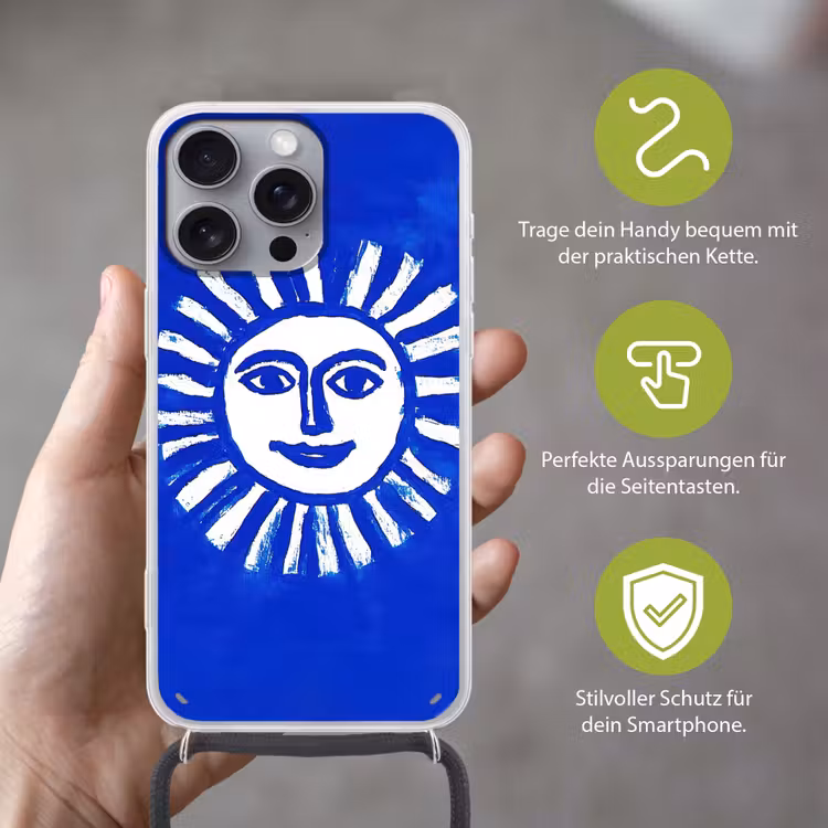 Zon - Gezicht - Penseelstructuur - Blauw Hoesje iPhone 16 Pro Max met koord klein -sfeer2_DE