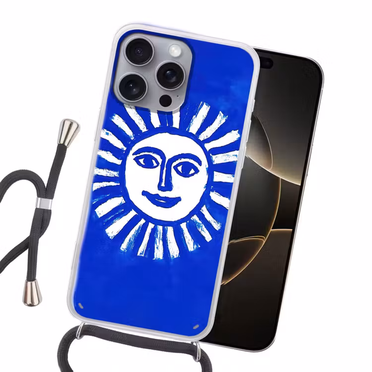 Zon - Gezicht - Penseelstructuur - Blauw Hoesje iPhone 16 Pro Max met koord klein -sfeer1