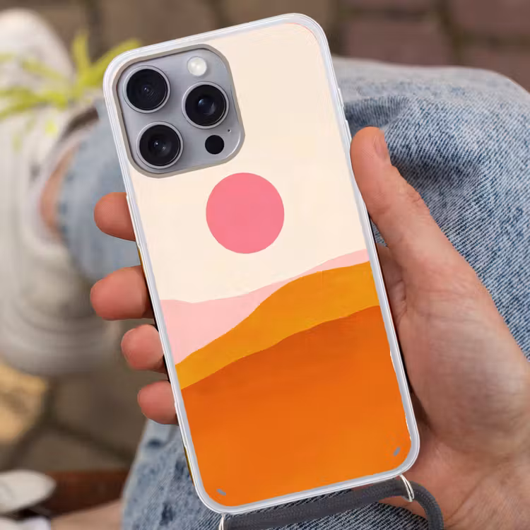 Zon - Heuvels - Abstract - Roze Hoesje iPhone 16 Pro Max met koord klein -sfeer3