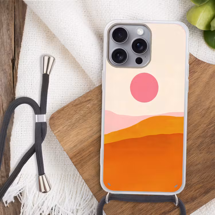 Zon - Heuvels - Abstract - Roze Hoesje iPhone 16 Pro Max met koord klein -sfeer4