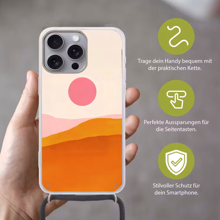 Zon - Heuvels - Abstract - Roze Hoesje iPhone 16 Pro Max met koord klein -sfeer2_DE