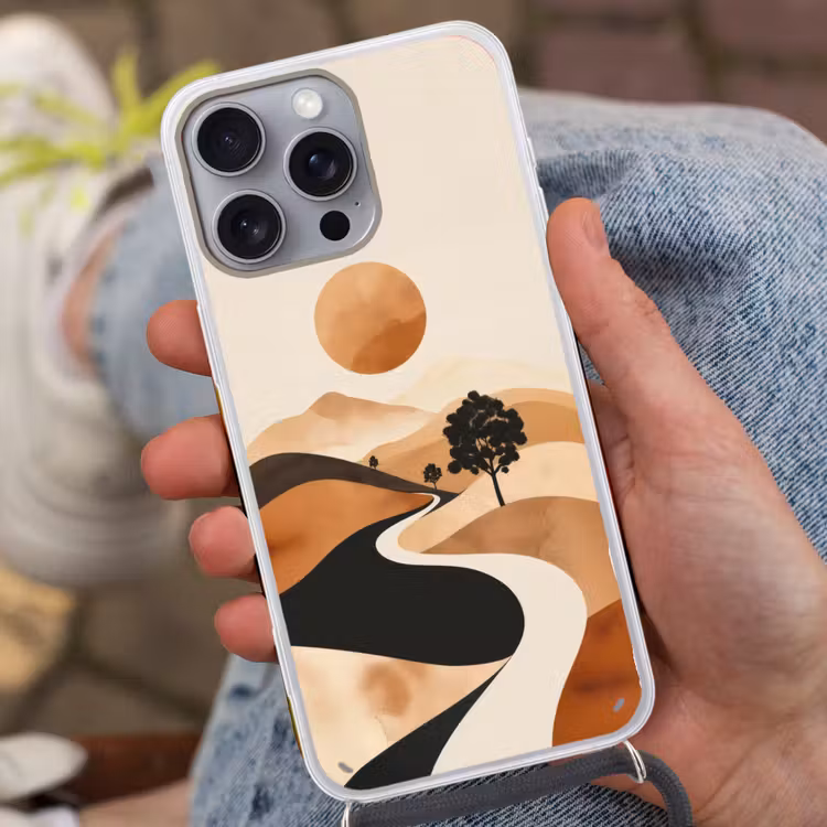 Zon - Heuvels - Boom - Abstract Hoesje iPhone 16 Pro Max met koord klein -sfeer3