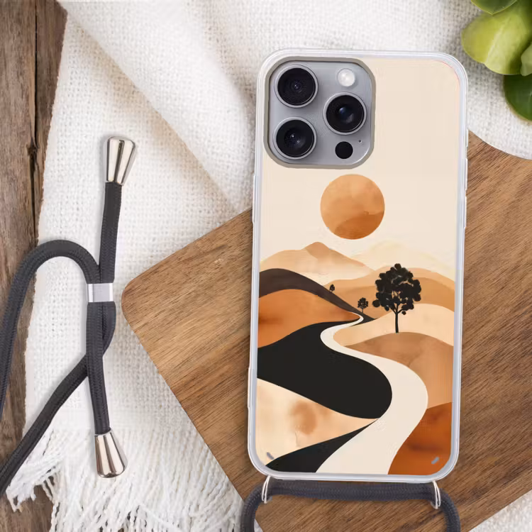 Zon - Heuvels - Boom - Abstract Hoesje iPhone 16 Pro Max met koord klein -sfeer4