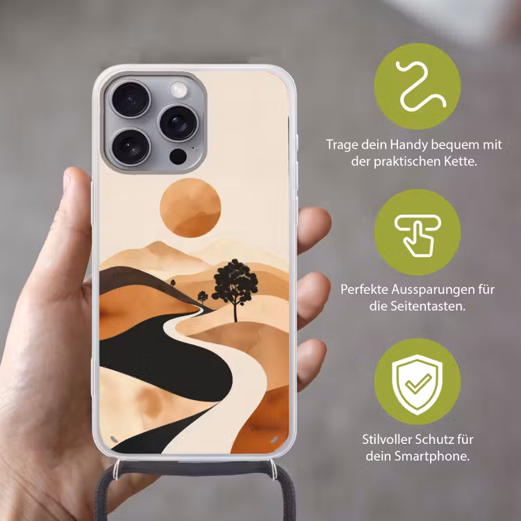 Zon - Heuvels - Boom - Abstract Hoesje iPhone 16 Pro Max met koord klein -sfeer2_DE