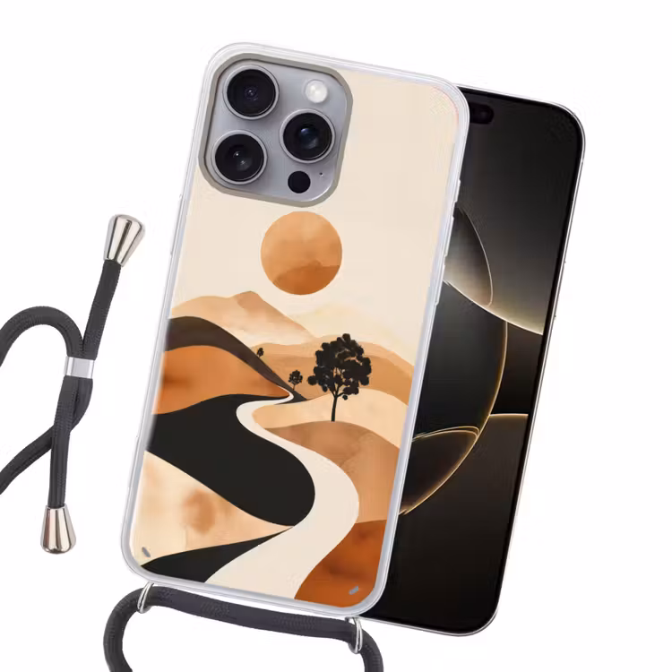 Zon - Heuvels - Boom - Abstract Hoesje iPhone 16 Pro Max met koord klein -sfeer1